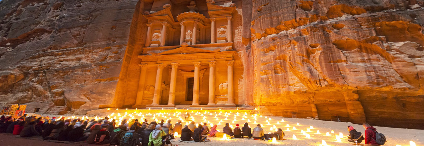 The Treasury Al-Khazneh in the rose-red city of Petra Jordan - UNESCO World Heritage Site