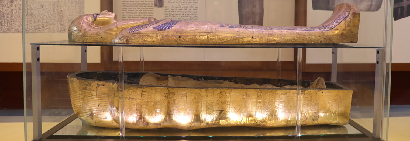 Well-preserved funerary masks and artifacts of Yuya and Tjuyu from the Egyptian Museum.