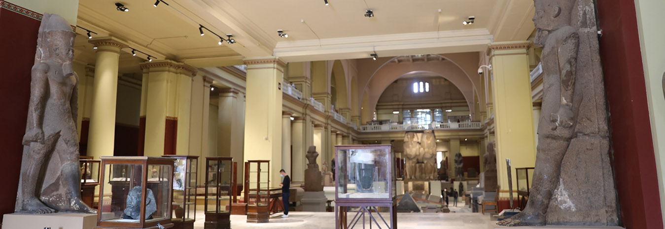 Neoclassical facade of the Egyptian Museum in Tahrir Square, Cairo, housing ancient treasures.