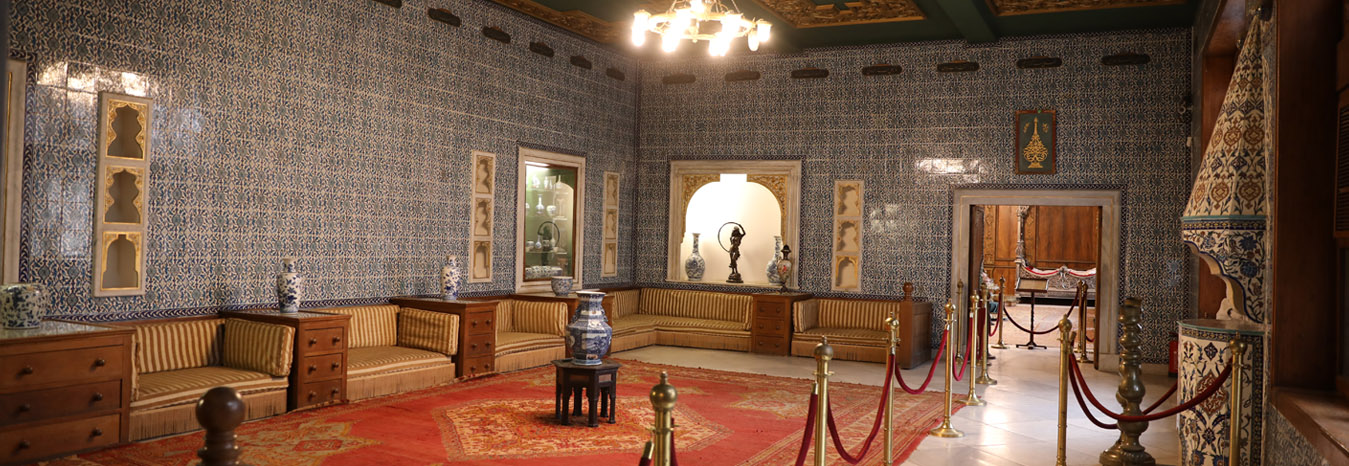 Luxury interior design and intricate Islamic tilework inside the Mohamed Ali Palace.