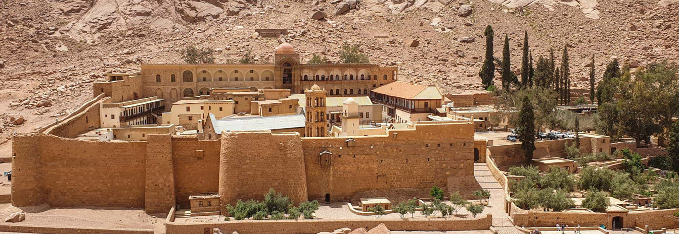 The fortified exterior of the UNESCO World Heritage St. Catherine Monastery at the foot of Mount Sinai.
