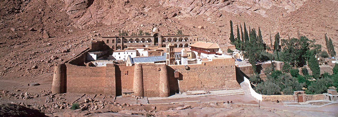 The ancient fortified walls of Saint Catherine's Monastery at the foot of Mount Sinai.