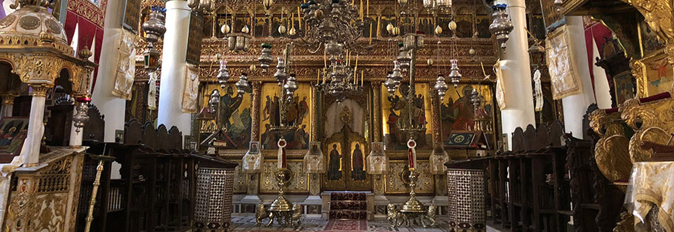 Ancient religious icons and manuscripts inside the historic library of St. Catherine Monastery.