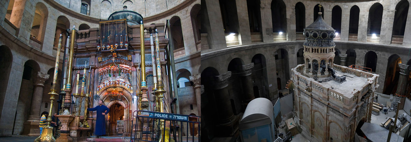The ornate interior and dome of the Church of the Holy Sepulchre in the Old City of Jerusalem.