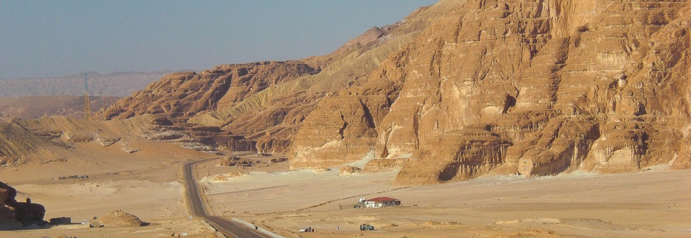 Golden sand dunes and dramatic granite mountains of the Sinai Desert during golden hour.