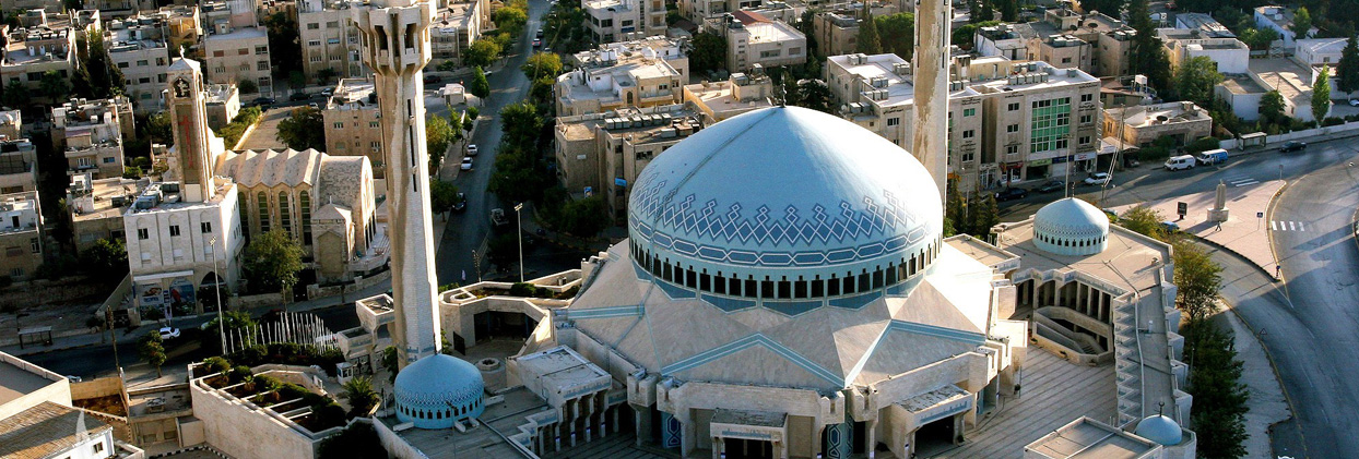 Panoramic view of the Roman Theater and hilly skyline of Amman, Jordan