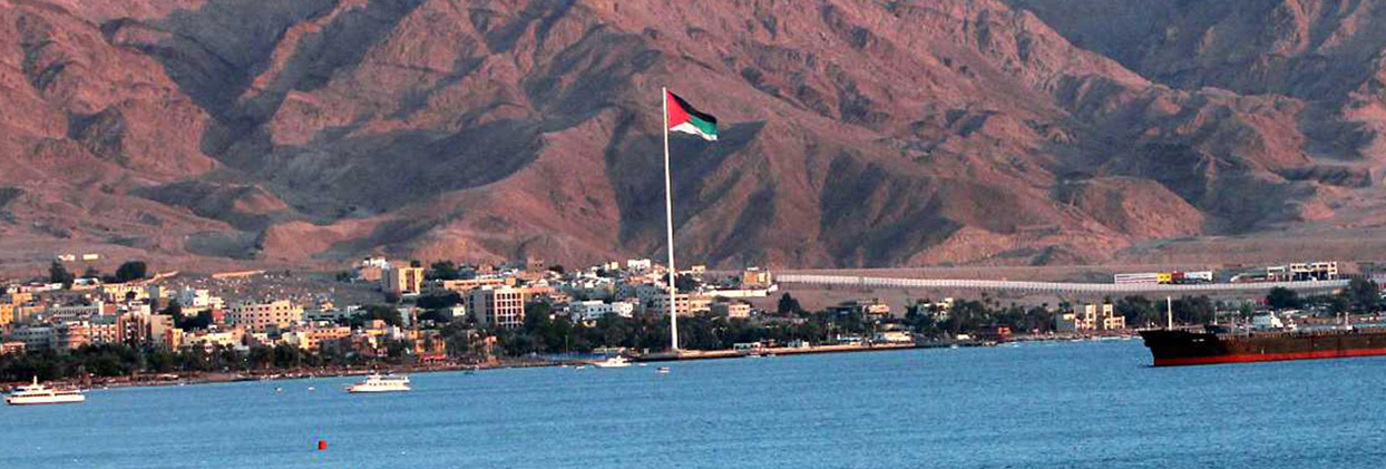 Palm trees and crystal clear blue waters along the Red Sea coast in Aqaba, Jordan.