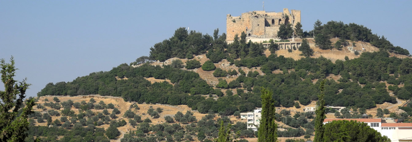 The medieval Islamic fortress of Ajloun Castle (Qalaat Errabat) overlooking the green hills of northern Jordan