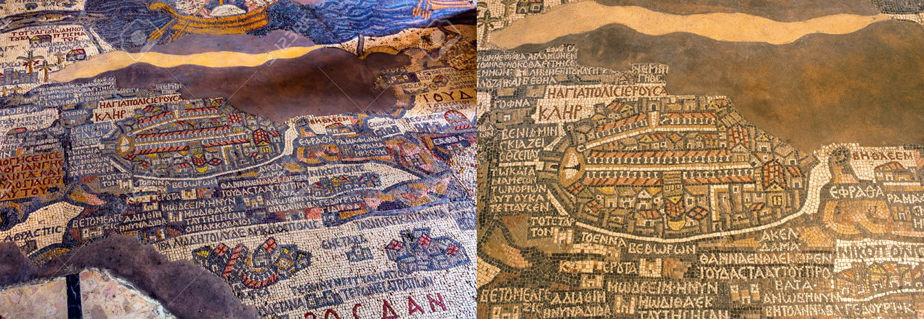 Close-up of the 6th-century Byzantine mosaic map on the floor of St. George's Greek Orthodox Church in Madaba