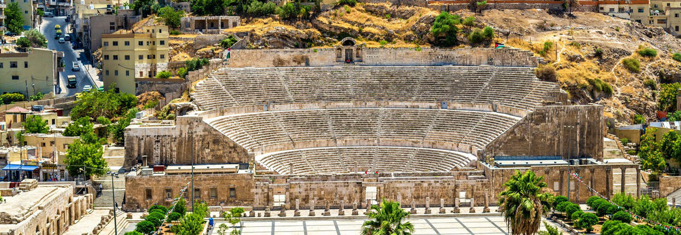 View of the ancient Roman Citadel and Temple of Hercules overlooking downtown Amman, Jordan