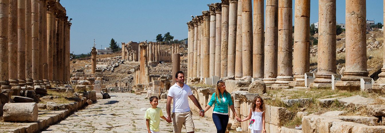 The ancient Roman city of Jerash in Jordan featuring the Oval Plaza and monumental colonnaded streets