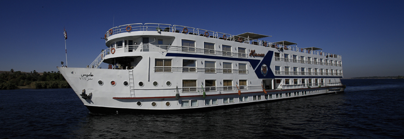 The 5-star Mövenpick MS Hamees cruise ship sailing on the Nile River between Aswan and Luxor.