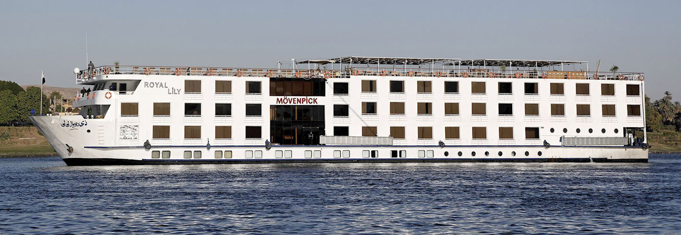The 5 stars Mövenpick Nile Cruise ship sailing on the Nile River between Aswan and Luxor.