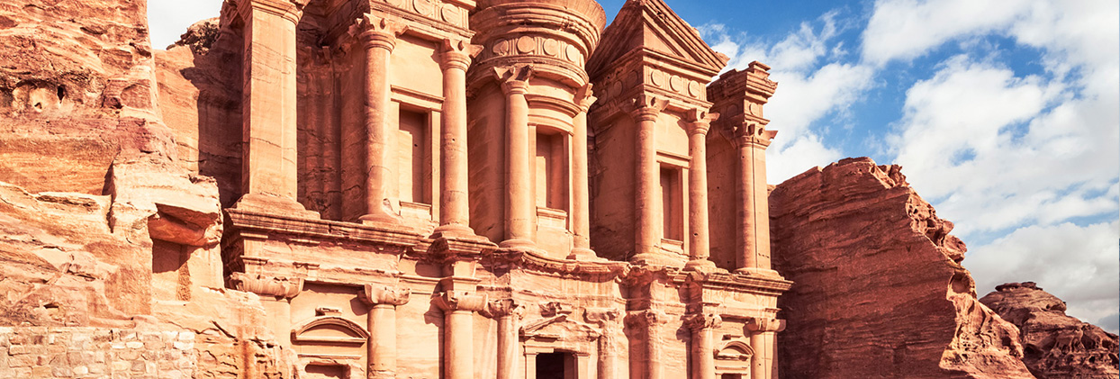 The magnificent facade of Al-Khazneh (The Treasury) in the ancient Nabataean city of Petra, Jordan