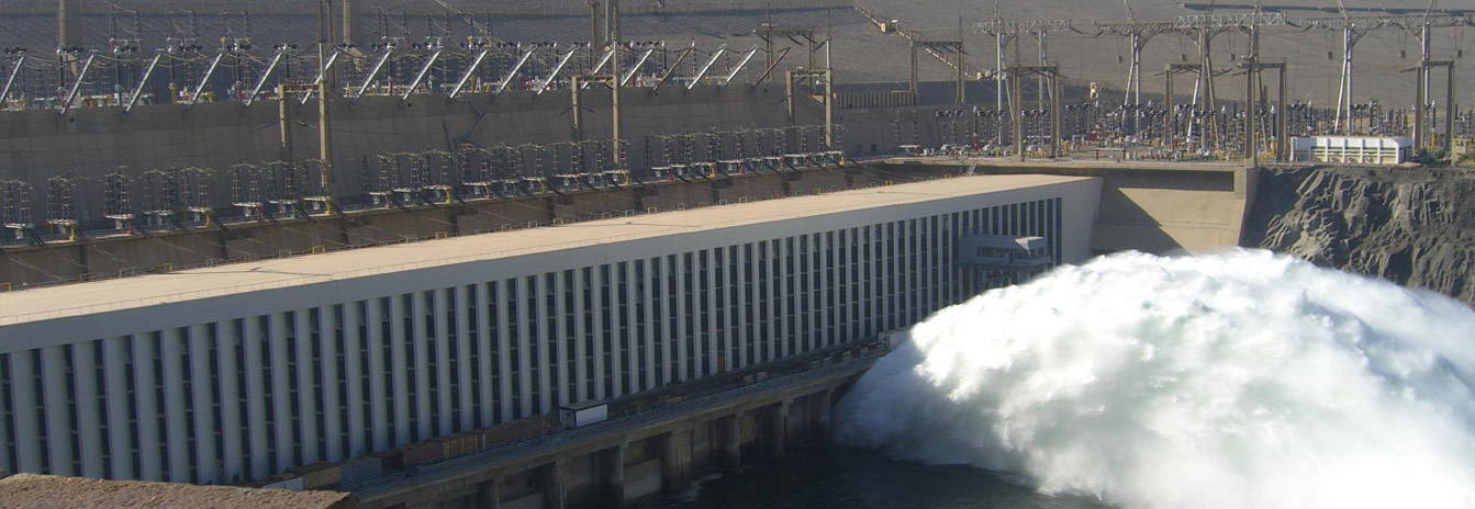 Panoramic view of the Aswan High Dam, a modern engineering marvel on the Nile River.
