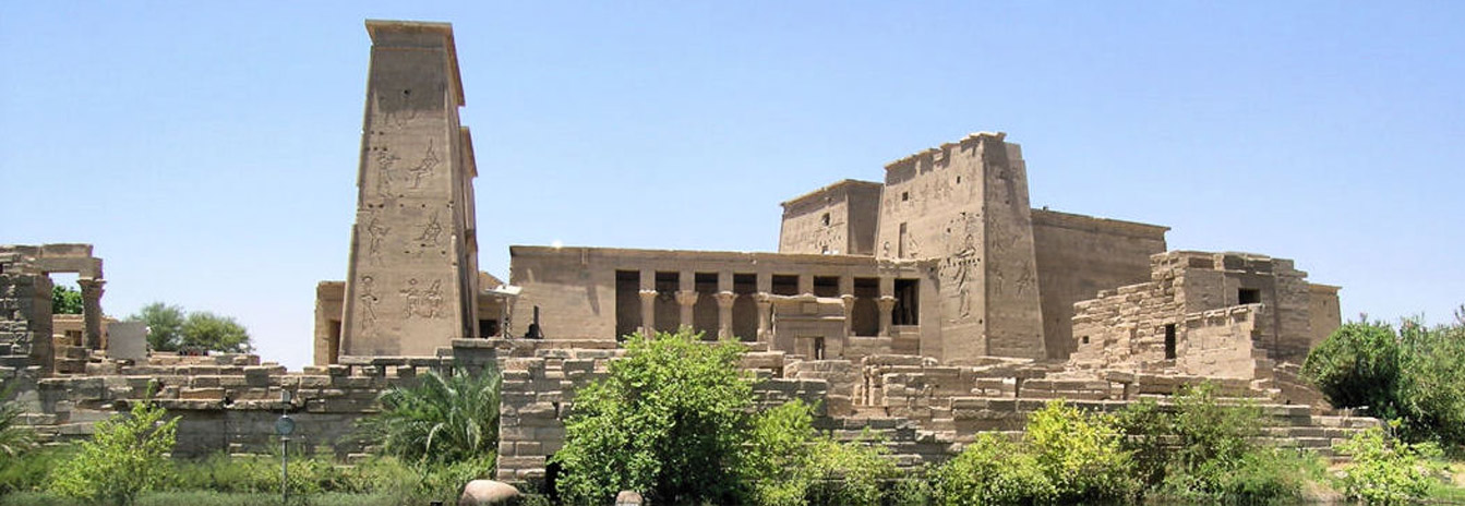 The Greco-Roman columns of the Temple of Isis on Philae Island, Aswan.