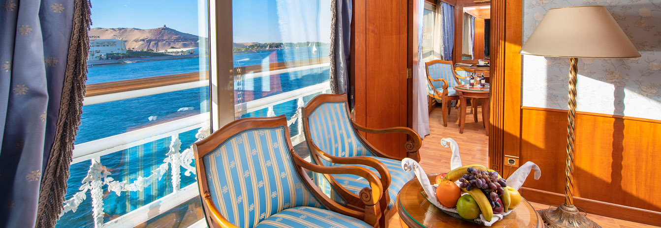 The 5-star Sonesta St. George I Nile Cruise ship sailing the Nile River between Luxor and Aswan.